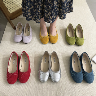 蝴蝶结温柔通勤船鞋 法式 女2025新款 银色浅口单鞋 平底浅口芭蕾舞鞋
