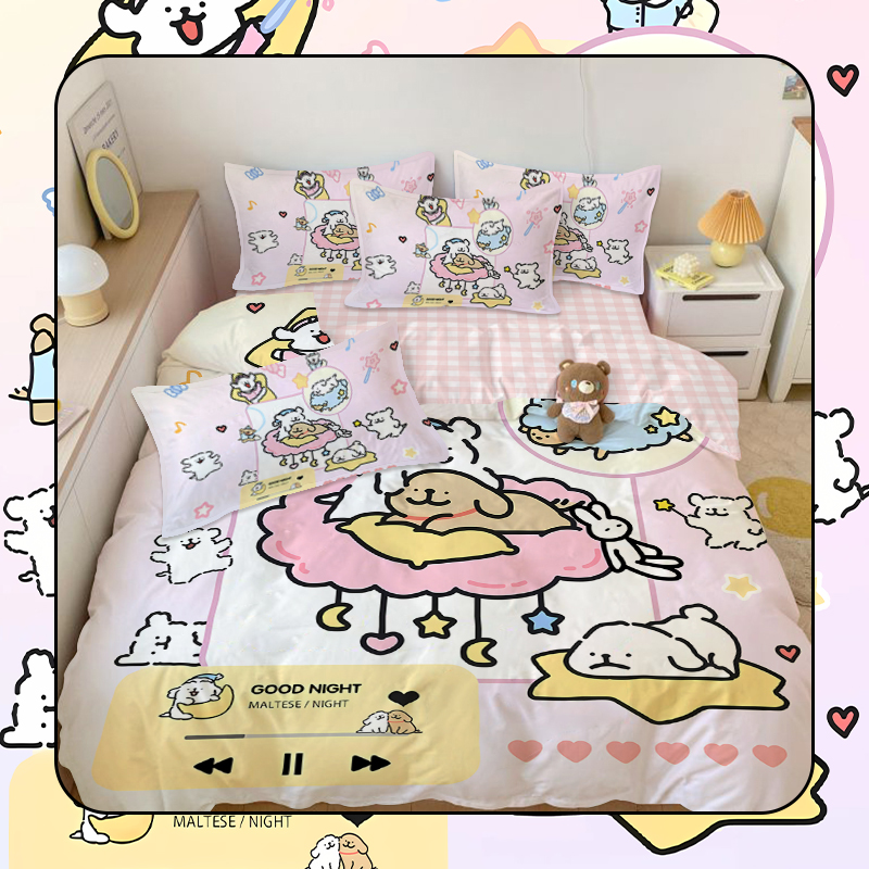 可爱线条小狗全棉四件套卡通纯棉三件套女生寝室学生宿舍单被套