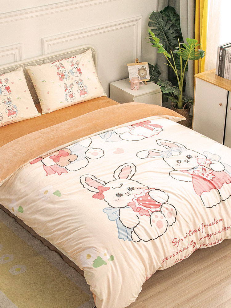 加厚邦尼兔三件套珊瑚绒小兔子四件套保暖冬季水晶绒女孩被套床单