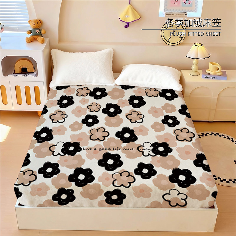 油画花朵水晶绒床笠ins风珊瑚绒冬季保暖女生寝室加厚床垫保护罩