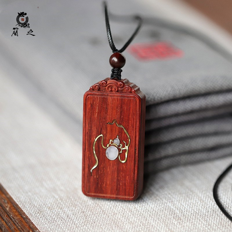 无事牌吊坠挂件印度小叶紫檀木螺钿平安牌情侣挂饰项链木质复古风