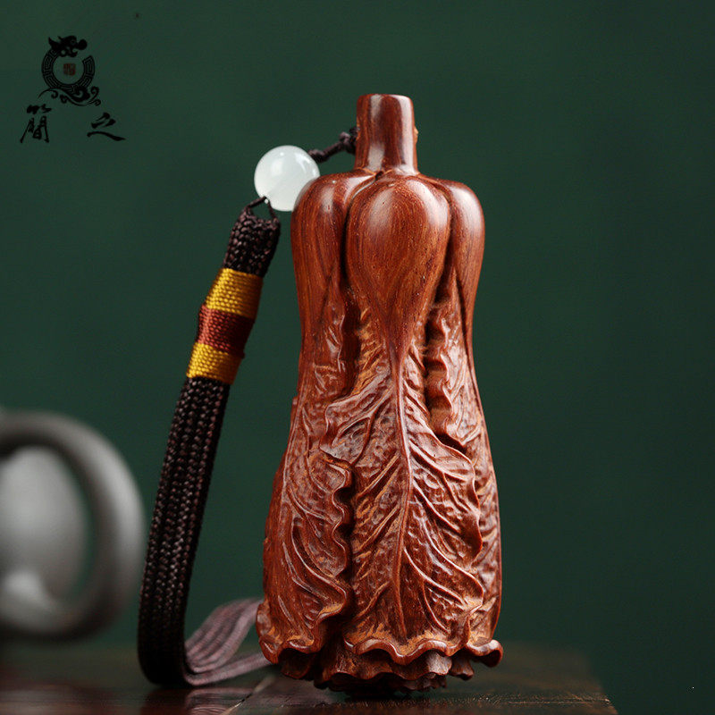 白菜百财手把件 印度小叶紫檀老料木雕文玩把玩物件随身手玩把件