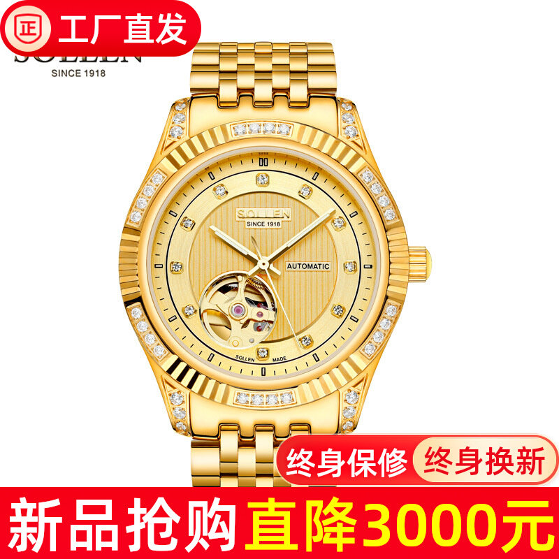 瑞士名表正品男士金表镶钻手表机械纯表超薄真钻男表招财貔貅表