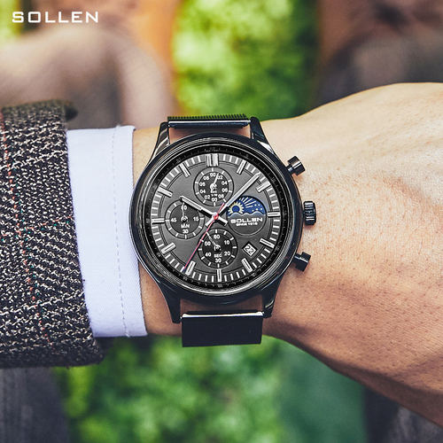 SOLLEN梭伦702休闲时尚男士手表石英表月相日历腕表黑色网带手表