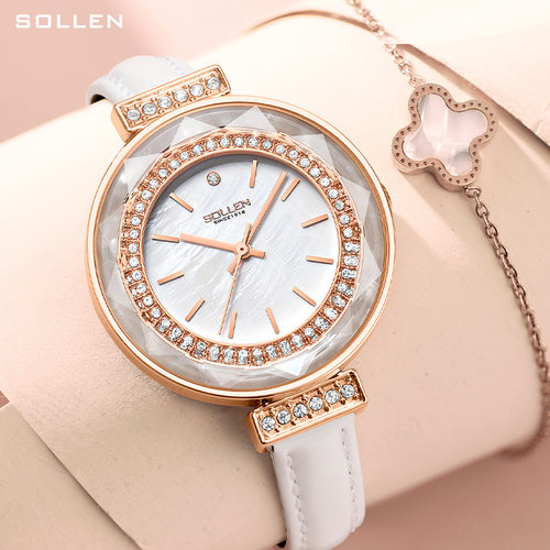 嘟嘟渠道货 SOLLEN梭伦百搭防水珍珠贝母时尚女士石英白色手表427