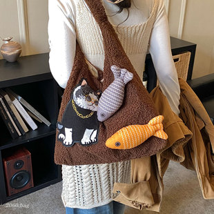 大容量通勤可爱毛绒卡通单肩包2025女收纳包托特包冬季 百搭 时尚