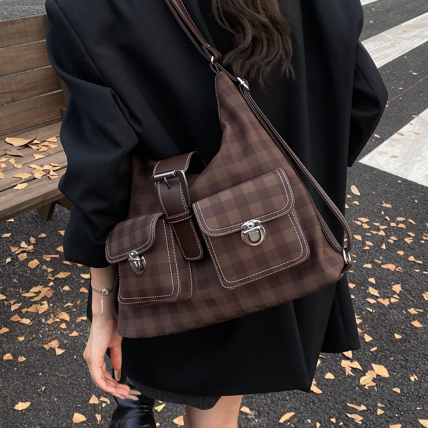 文艺复古格子单肩包2025一包多背大容量双肩包时尚潮秋季女式新款