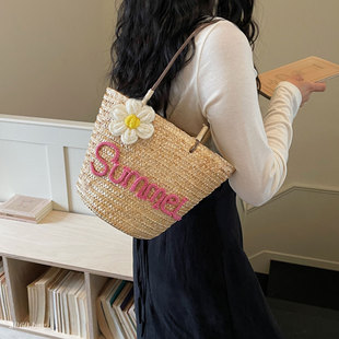 度假风草编包女大容量手提包花朵装 饰编织托特包沙滩包2026新款