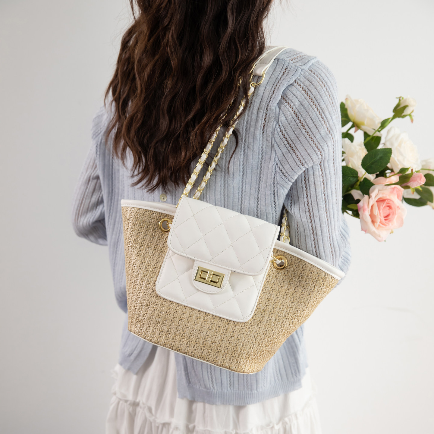 休闲风撞色编织草编包2026新款女士单肩斜挎包高级感大容量手提包