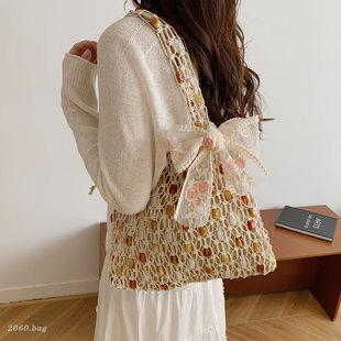 手工编织串珠托特包女2026新款 百搭镂空网兜单肩手提包高级感休闲