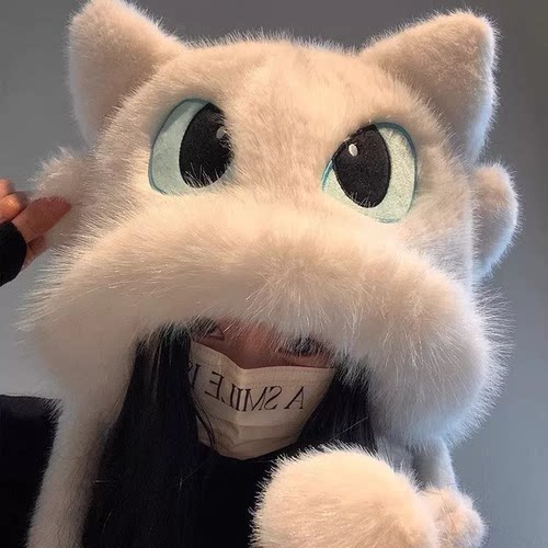 可爱无牙仔毛绒帽子女2025新款秋冬季加绒加厚保暖骑行护耳雷锋帽