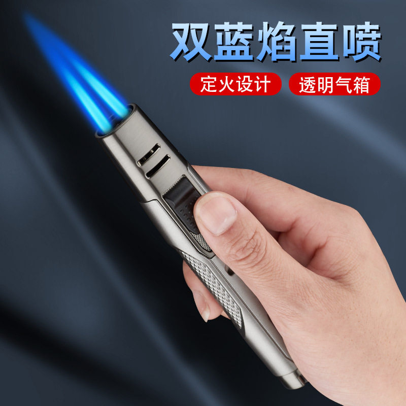 新款户外双直冲蓝焰打火机防风充气个性点火器金属电子笔式焊枪潮