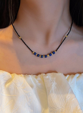 天然青金石拼接项链简约锁骨链复古大气高级感黑色尖晶石串珠颈链