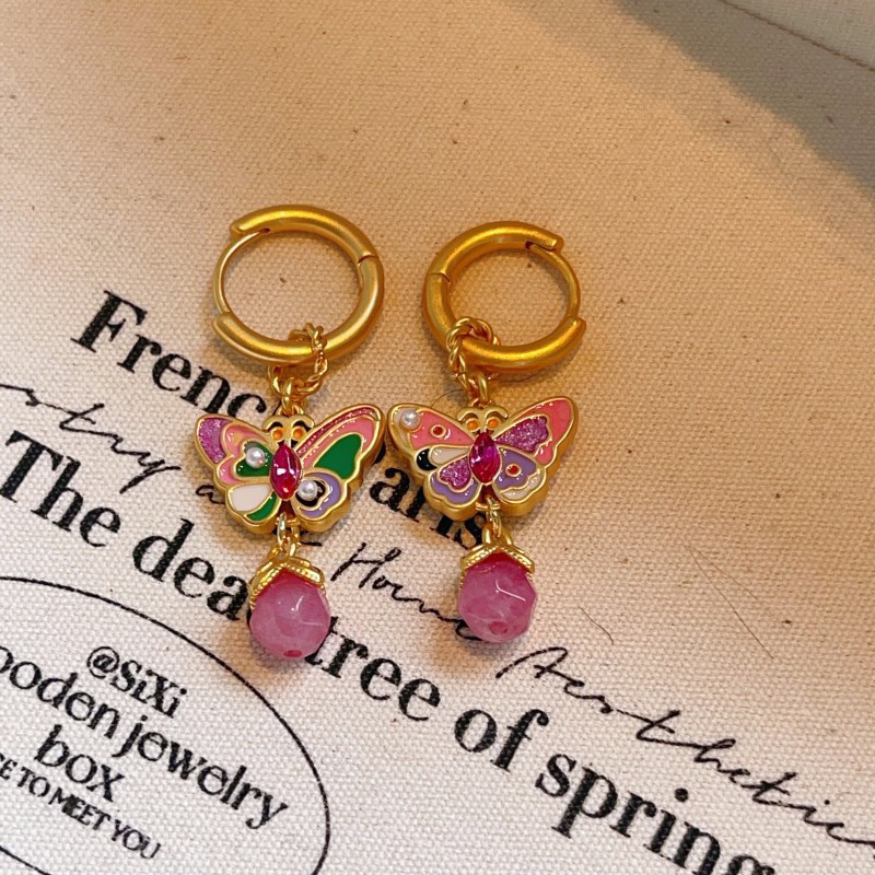 新中式国风珐琅彩色蝴蝶耳环女小众设计感高级气质灯笼耳圈耳饰
