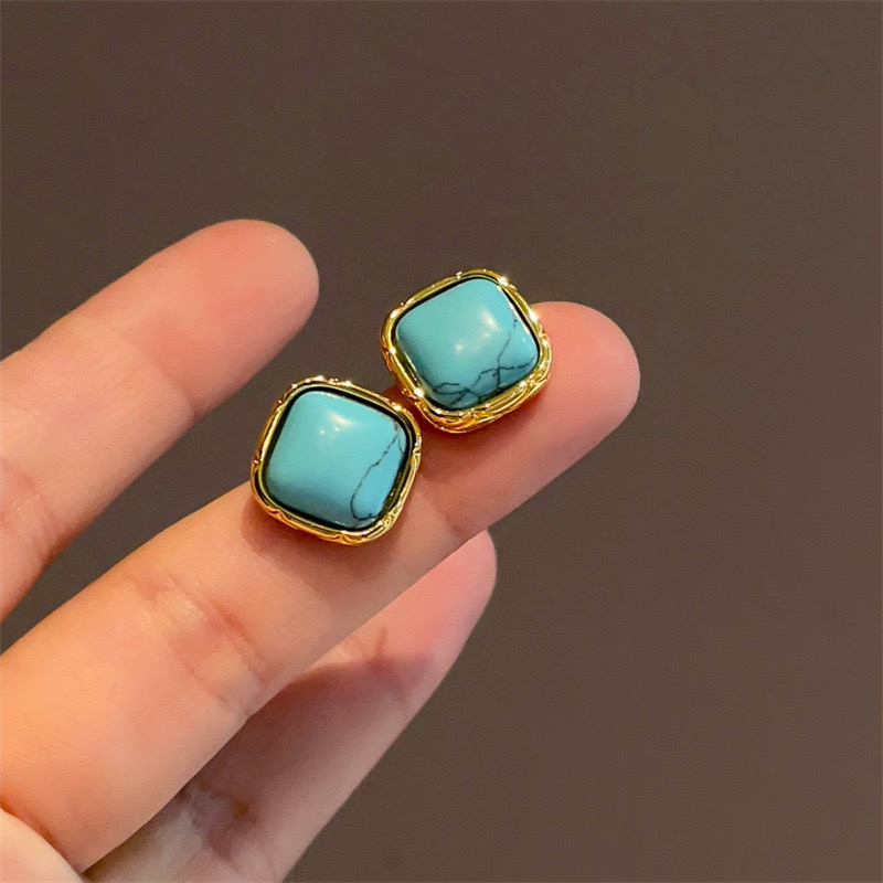 银针复古简约几何形18K电镀绿松石耳钉精致法式轻奢方糖耳饰百搭