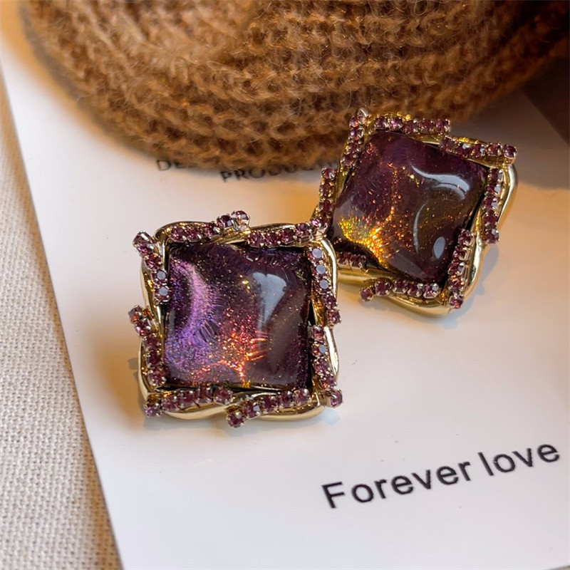 紫色水晶方形几何大耳钉s925银针复古高级感轻奢小众耳环,饰品/流行首饰/时尚饰品新,耳钉,淘宝优惠券,粉丝福利购,淘宝优惠卷