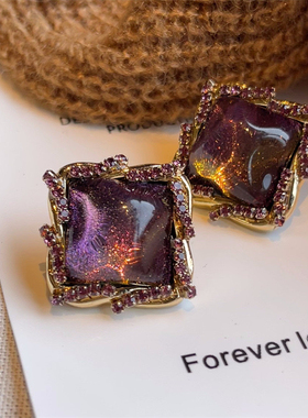 紫色水晶方形几何大耳钉s925银针复古高级感轻奢小众耳环