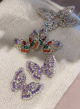 S925银针重工高级感紫色锆石灵动蝴蝶耳环女轻奢气质名媛耳饰