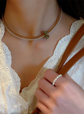 韩国双层叠戴米珠项链小众绿色铃兰吊坠温柔复古气质锁骨链女
