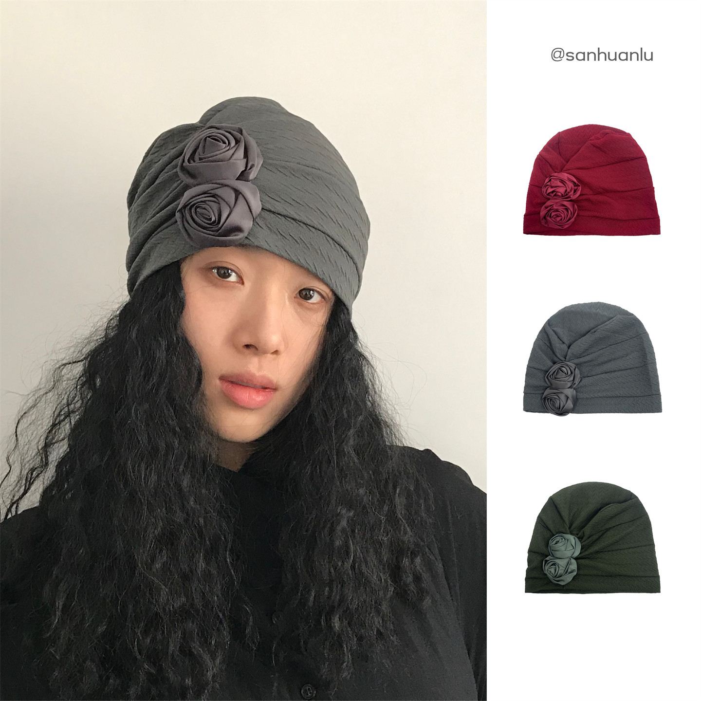 三环路时尚双花包头帽优雅花朵可折叠春季无檐复古时尚潮流女帽