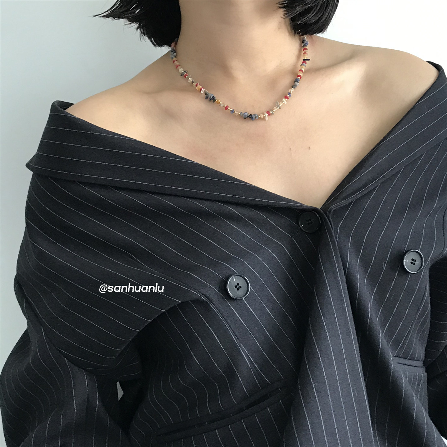 Q三环路多彩复古天然石项链彩色多巴胺小众百搭甜美串珠个性配饰 - 实物图