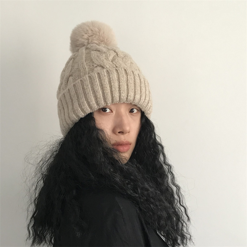 三环路加绒双层毛球麻花毛线帽秋冬百搭加厚防风针织帽女