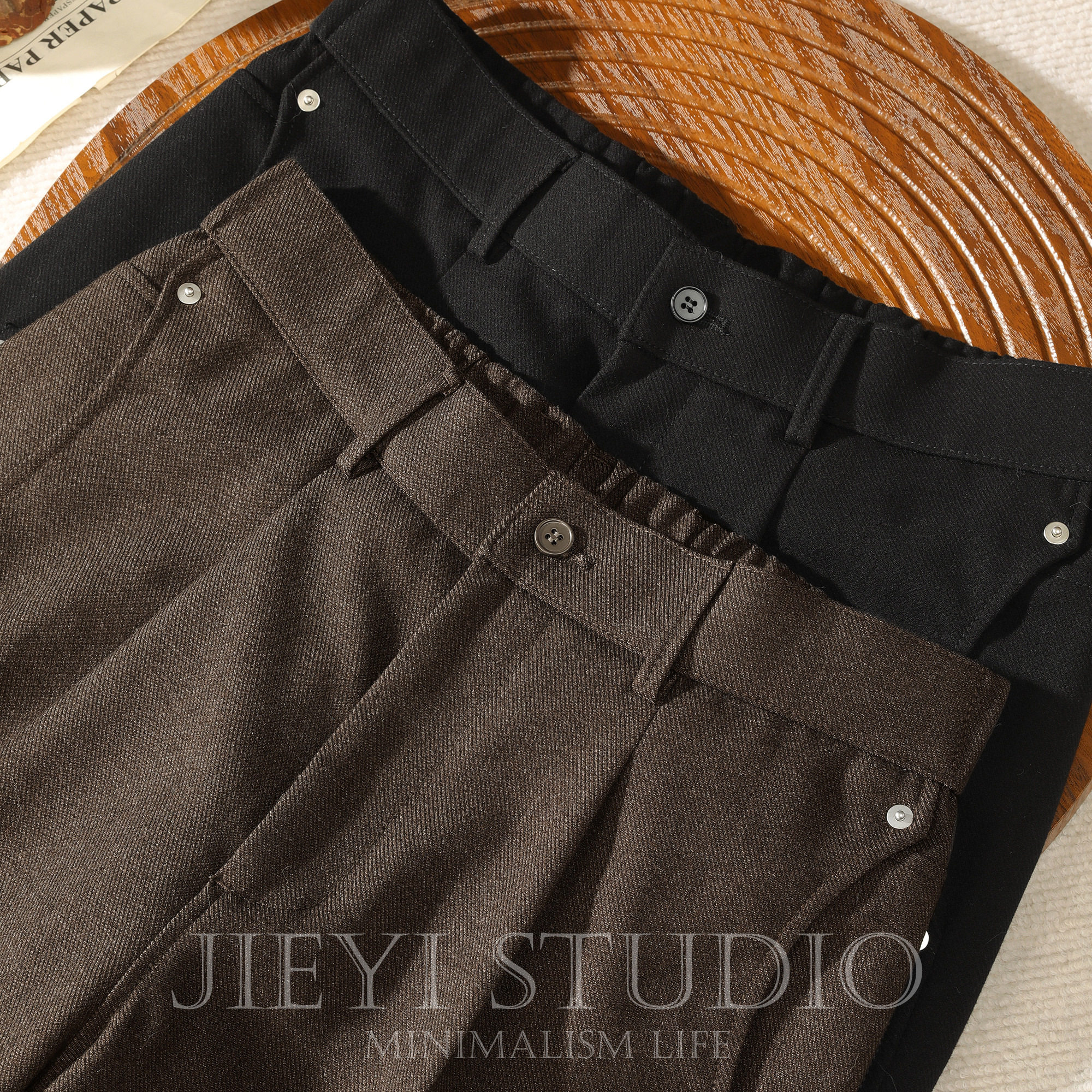 JIEYI 毛呢料复古松弛感慵懒休闲裤男士美式抽褶阔腿直筒铆钉长裤,男装,休闲裤,淘宝优惠券,粉丝福利购,淘宝优惠卷