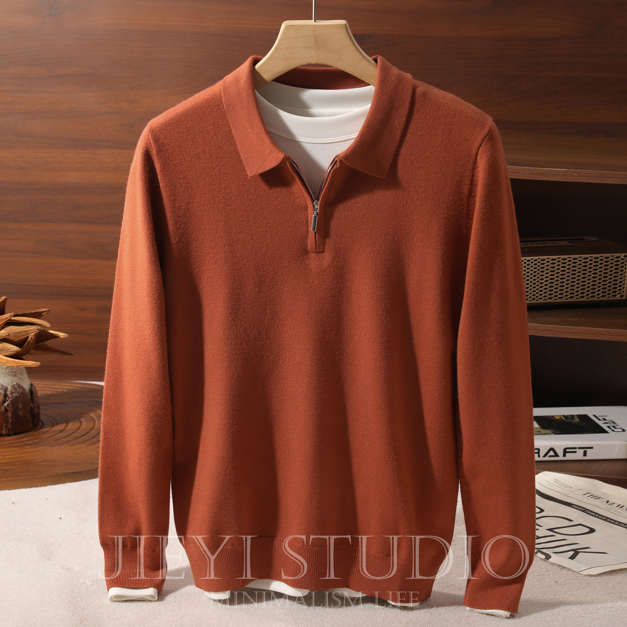 JIEYI 咖啡色气质通勤法式针织衫半拉链翻领POLO包芯纱保暖毛衣男