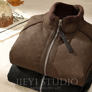 男士 重磅羊羔绒皮毛一体保暖夹克衫 麂皮绒怀旧拼接外套 美式 JIEYI