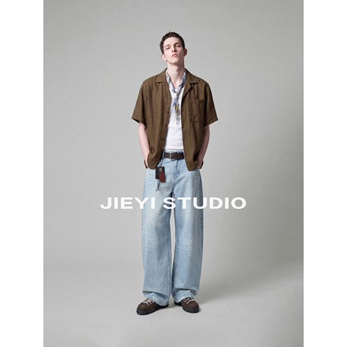 JIEYI 意式雅绅麻混纺短袖衬衫男士纯色肌理感古巴领怀旧薄款寸衣
