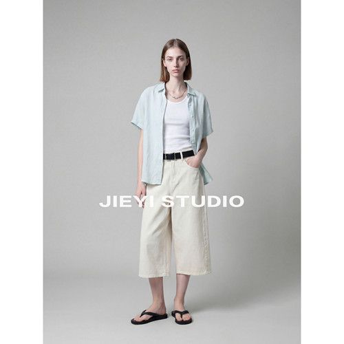 JIEYI 天兰色清冷outfits风短袖衬衫男士天丝莱赛尔亚麻混纺寸衣