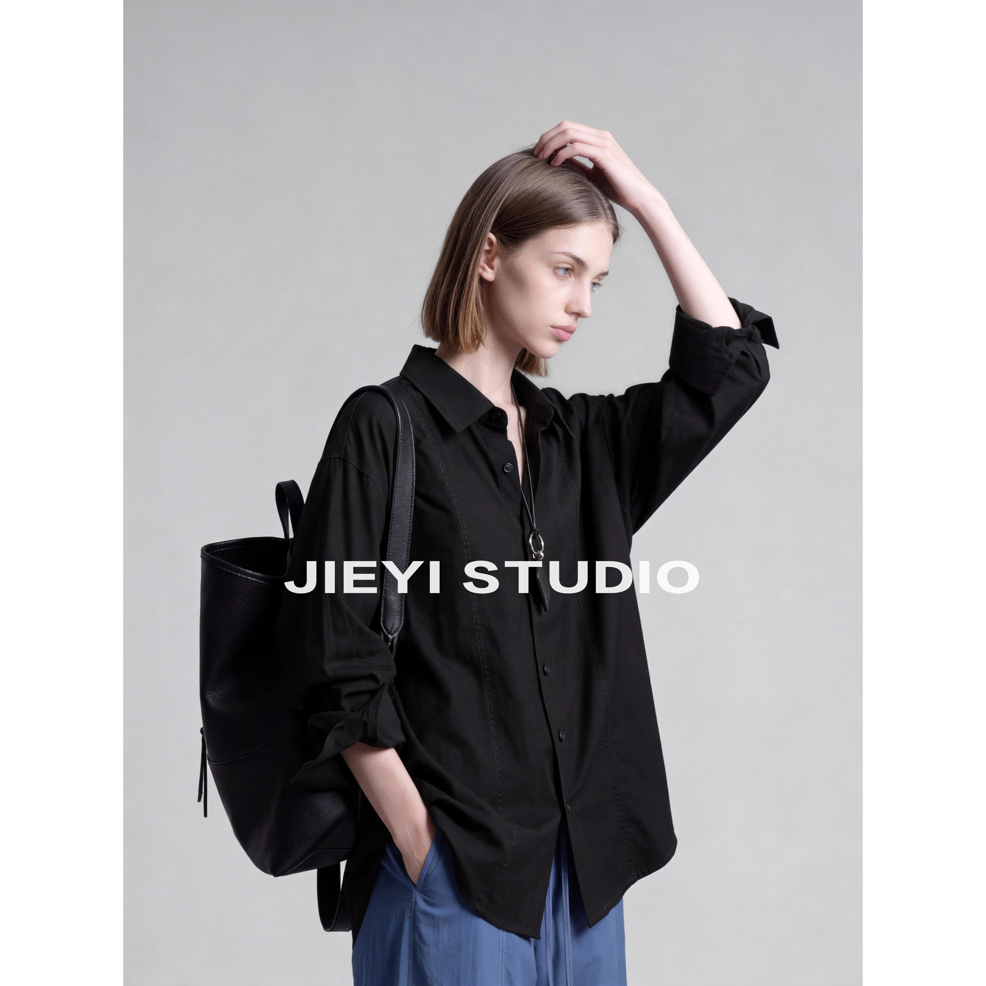 JIEYI 秋季宽松天丝莱赛尔棉混纺衬衫纯色拼接车线老钱风寸衣外套图片
