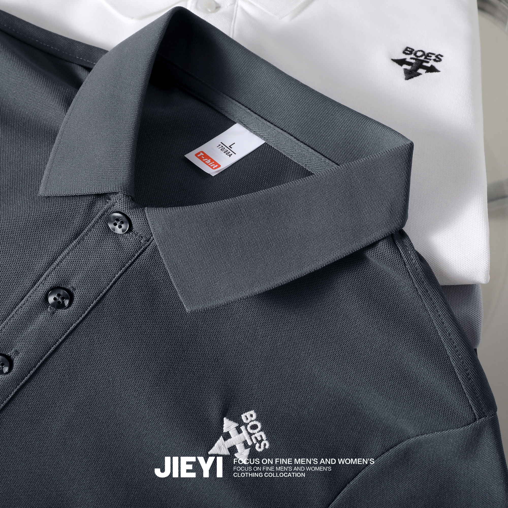 JIEYI刺绣潮流休闲轻熟风翻领POLO衫男士简约短袖修身保罗上衣