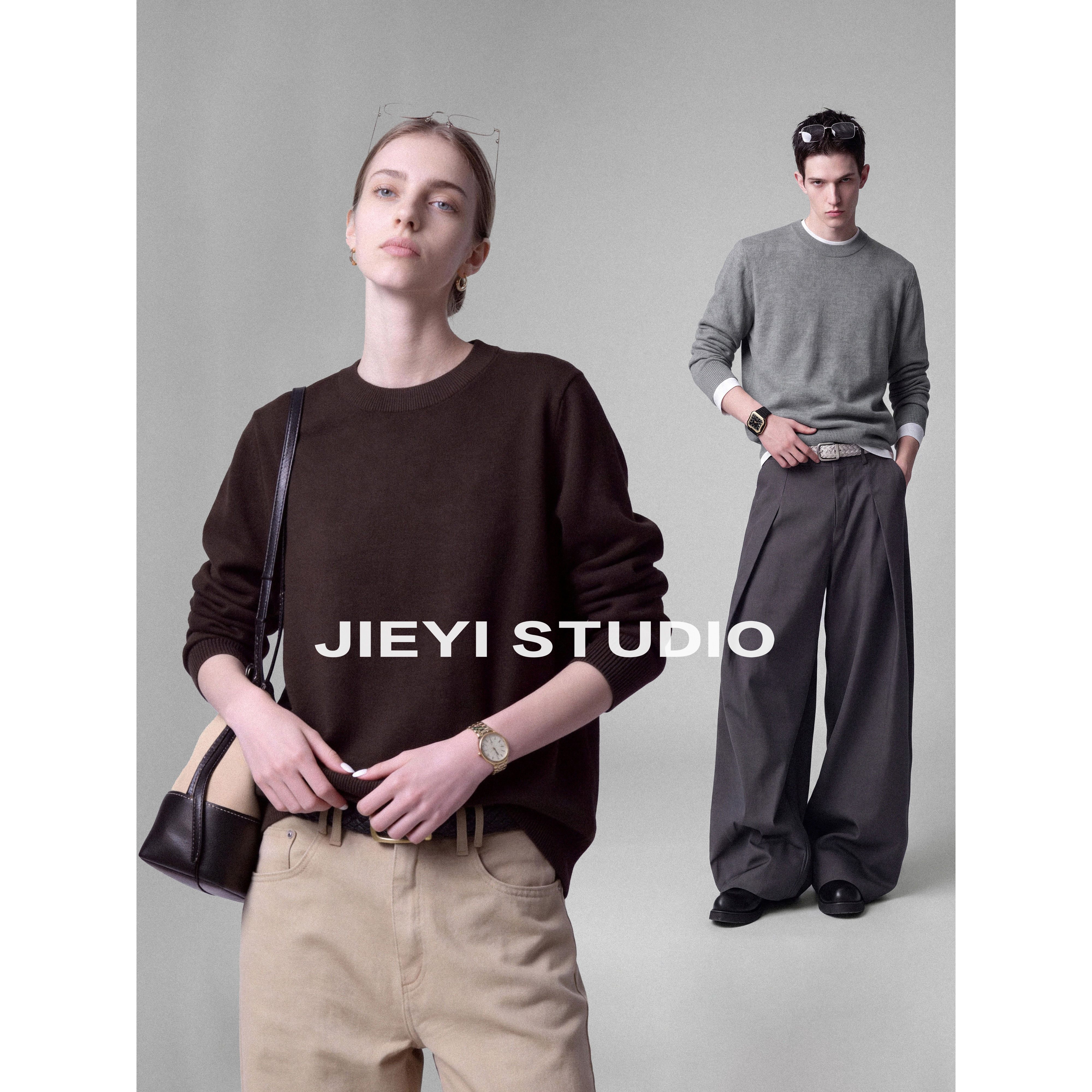 JIEYI 「糯感针织」轻弹针织圆领打底衫纯色休闲大地色16支毛线衣