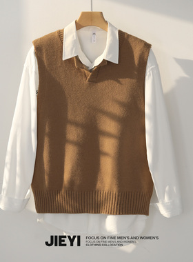 JIEYI 多色系】日韩帅气叠穿针织背心小V领休闲春秋潮男无袖坎肩