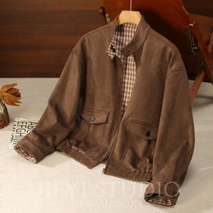 工装 拼接麂皮绒夹克格纹撞色怀旧美式 立领外套男 两面穿个性 JIEYI