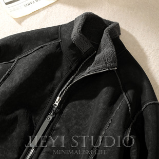 麂皮绒切割拼接外套 蓄热保暖男士 JIEYI 重磅皮毛一体羊羔绒夹克衫