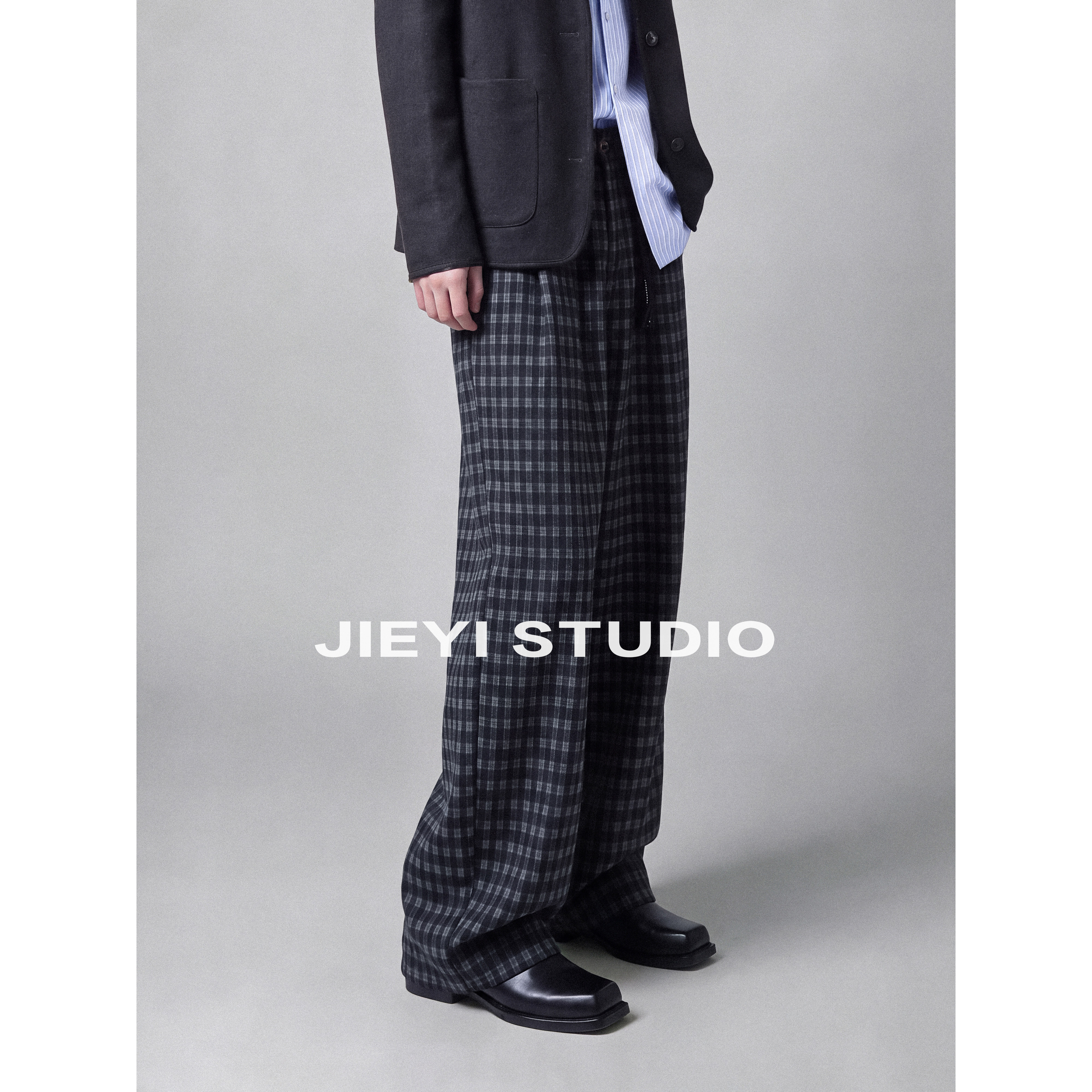 JIEYI 「绵羊毛混纺」格纹软糯休闲毛呢弯刀裤阔腿吊坠加绒拖地裤