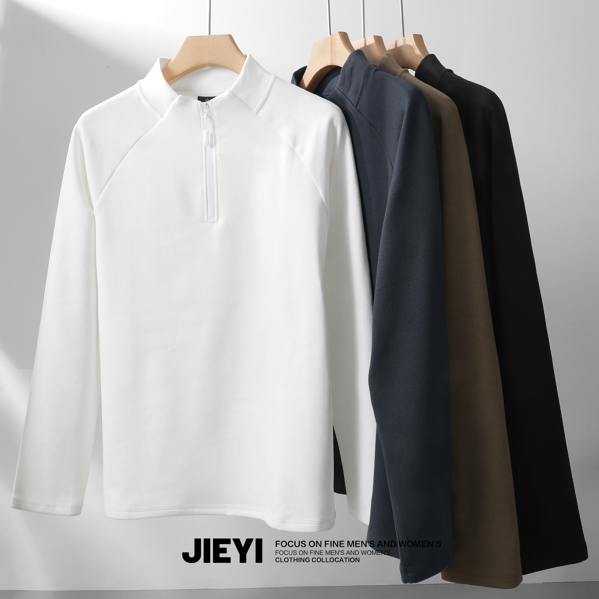 JIEYI 潮流半拉链纯色德绒打底衫上衣保暖冬季双面磨毛立领卫衣男