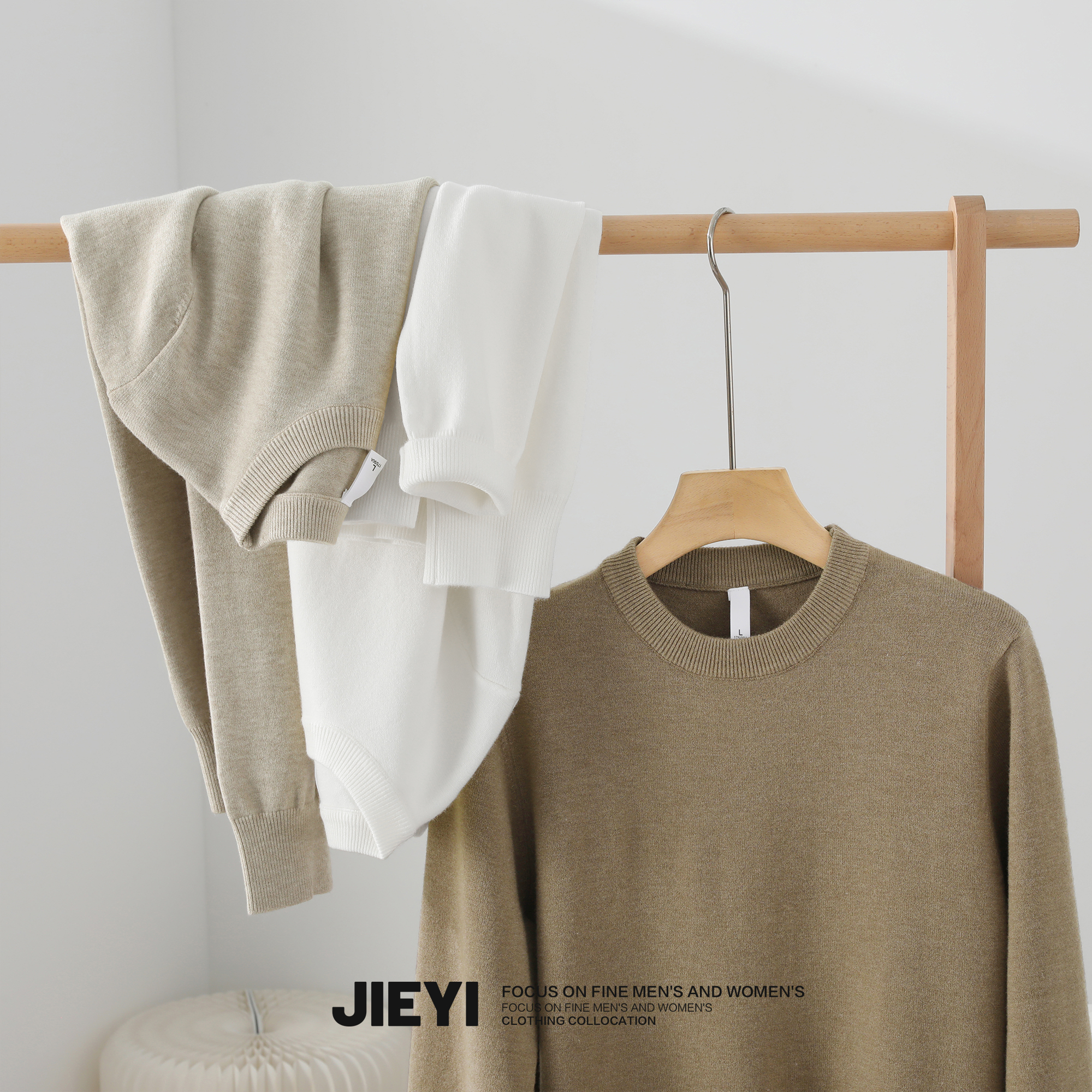 JIEYI 2025秋冬新款针织绵羊毛衫男复古纯色圆领毛衣内搭外穿线衣