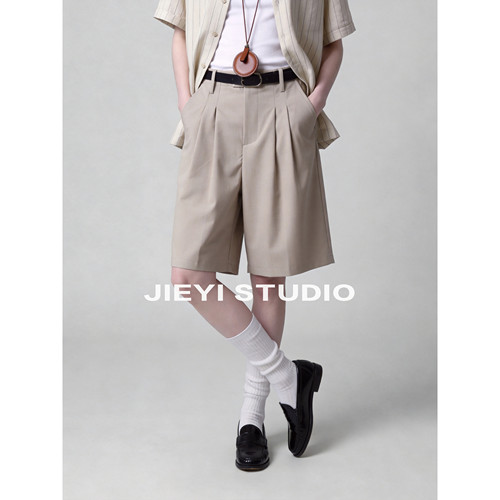JIEYI  莫代尔绵羊毛混纺双褶休闲西裤男立体裁剪垂坠感阔腿短裤