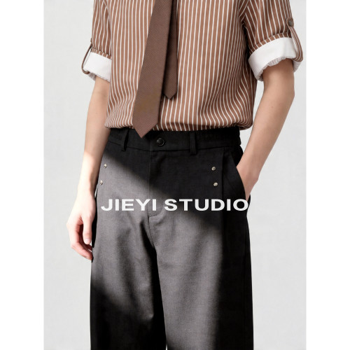 JIEYI 立体裁剪抗皱免烫休闲西裤男士抽褶铆钉装饰高级感直筒长裤