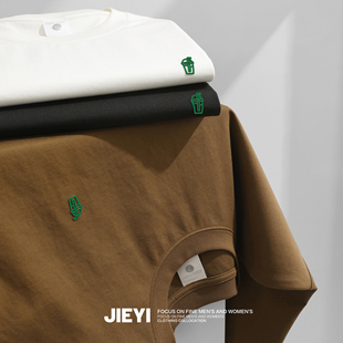 介乙 饮料瓶简约压胶印花T恤衫透气潮流男士微宽松双面原棉上衣潮