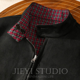 外套 格纹撞色立领哈灵顿复古风男士 JIEYI 麂皮绒拼接双面穿夹克衫