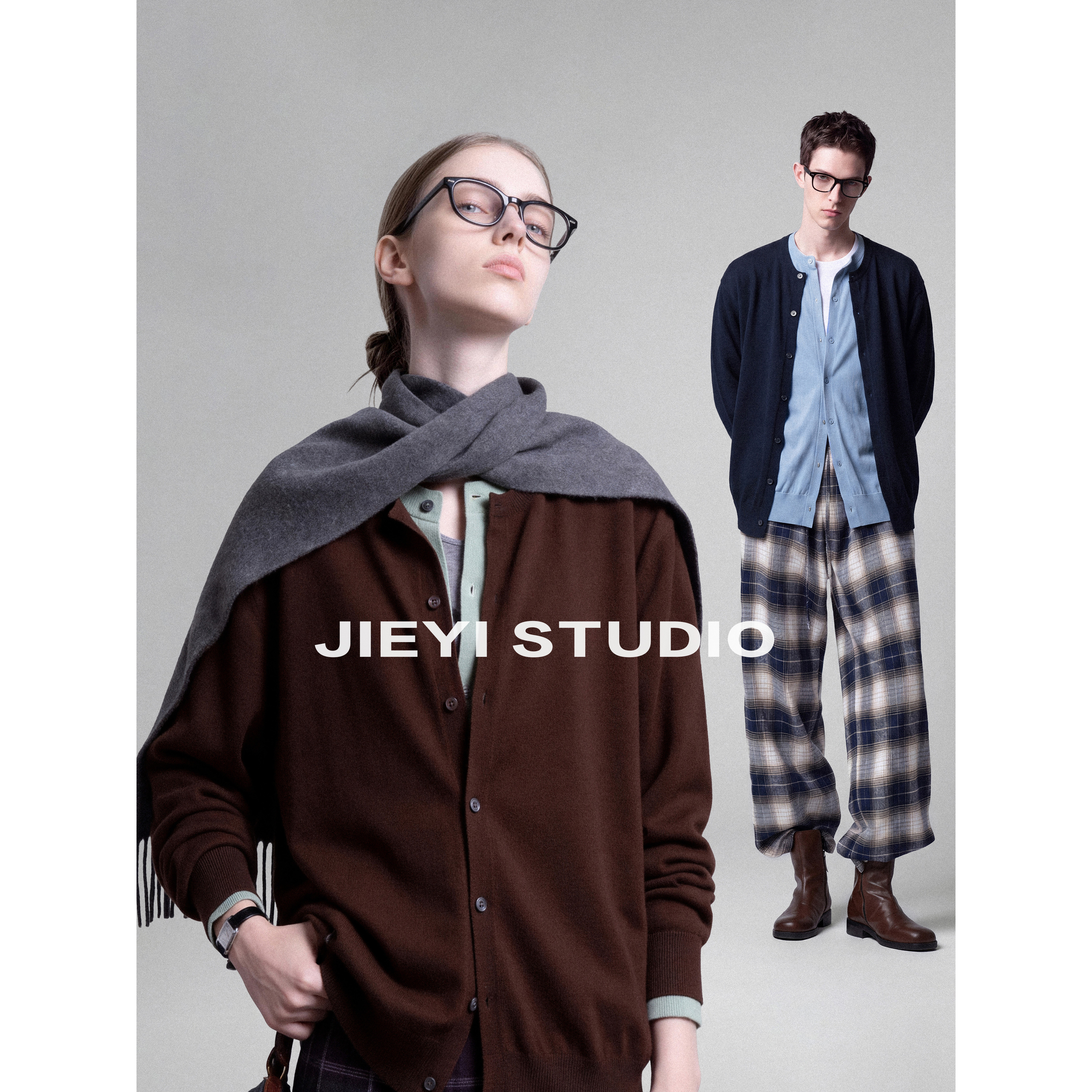 JIEYI 「天丝莱赛尔混纺」中古气质暖绒双层领针织开衫拼接假两件