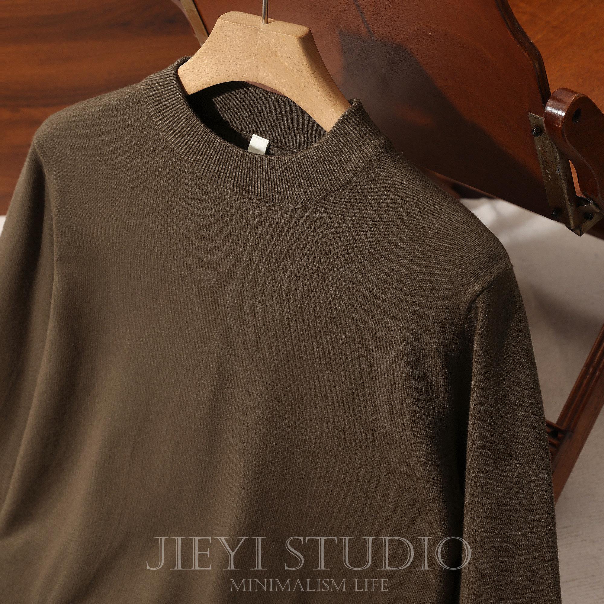 JIEYI 螺纹底摆咖啡色秋冬男款针织衫气质纯色打底衫长袖中领毛衣