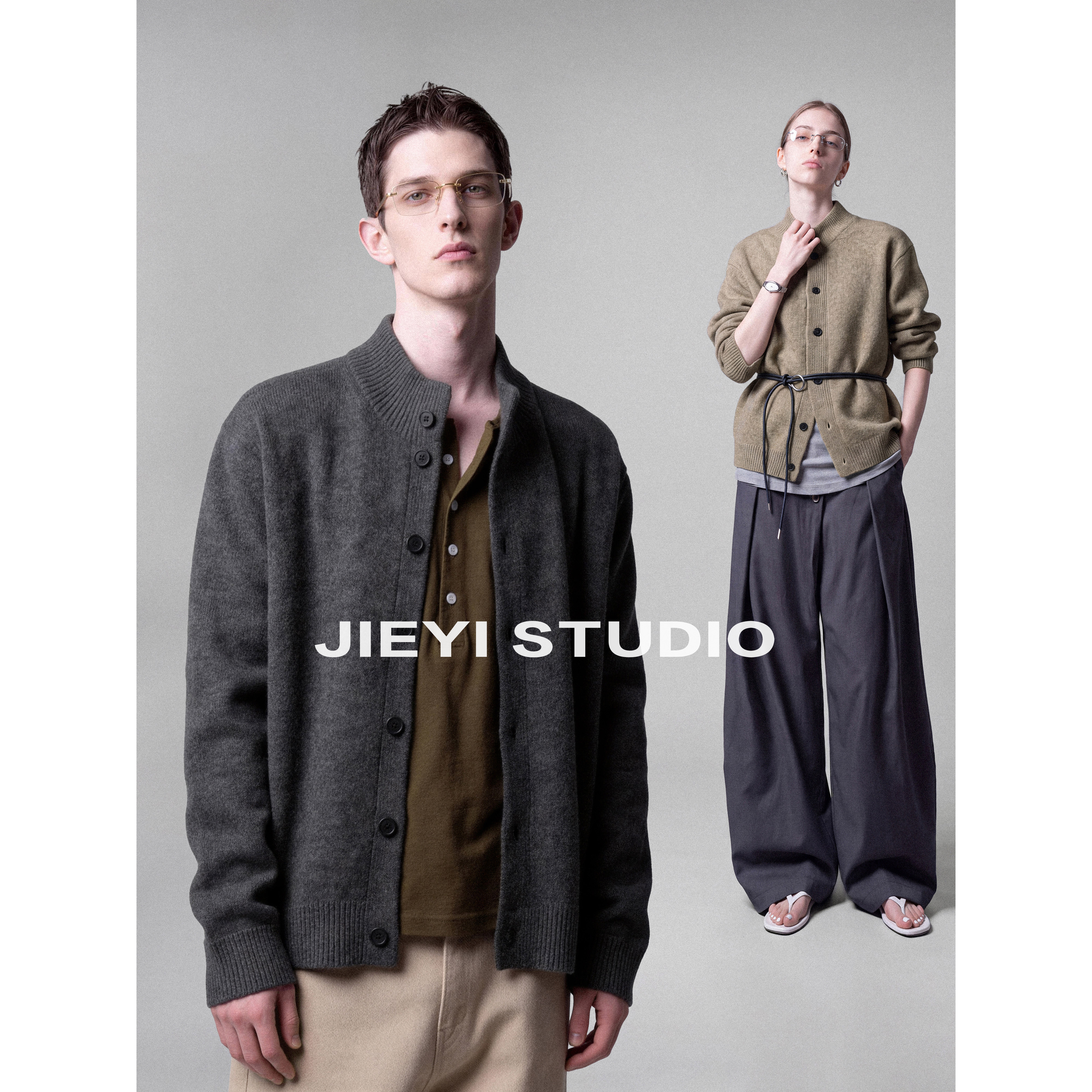 JIEYI 羊毛混纺立领静奢老钱风针织开衫长袖加厚短宽都市毛衣外套