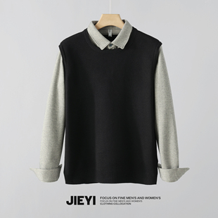 保暖秋冬款 JIEYI 修身 男士 翻领拼接毛线衣 英伦风复古假两件针织衫