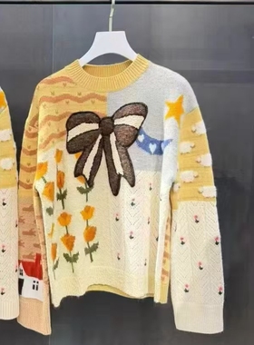 福d~26春季设计师新品趣味撞色拼花蝴蝶结套头衫2610M38332