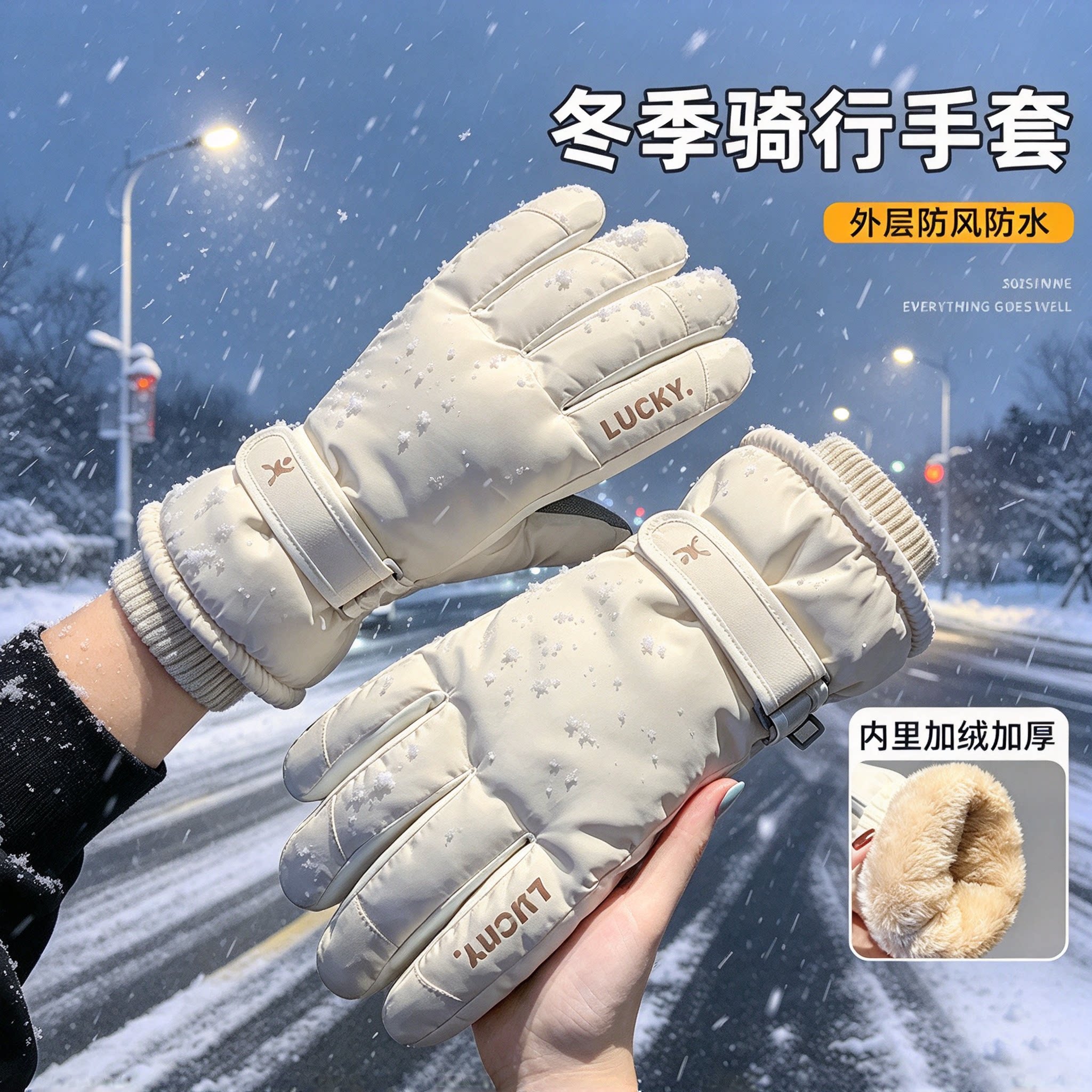骑电动车可触屏防水加绒保暖手套